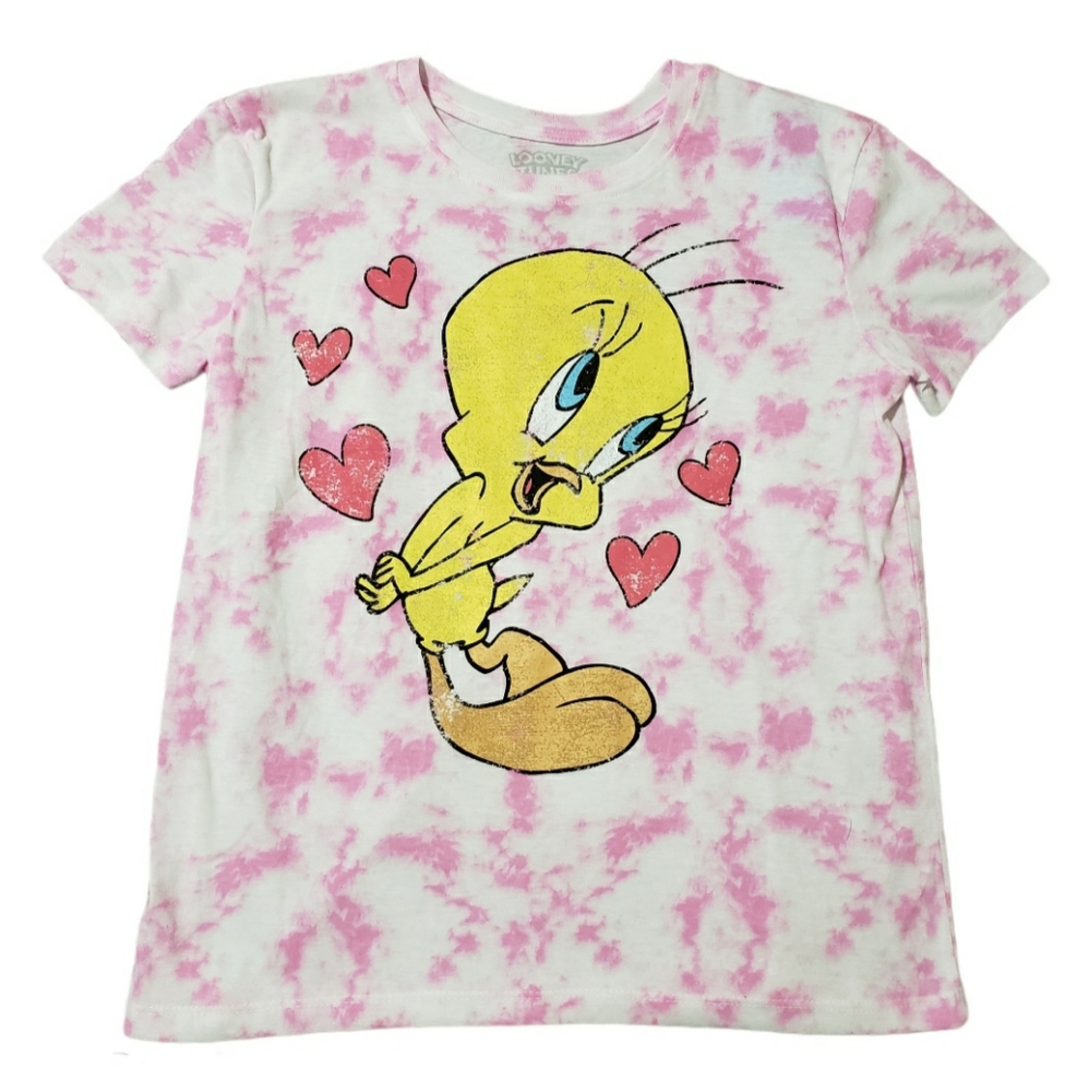 Tweety Bird Pink Hearts Tie Dye T-Shirt Juniors Small NWT Looney Tunes Oversize